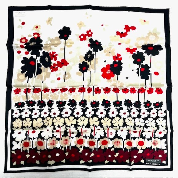 NewTag Burberry Miniscarf/handker19.5" Cotton/Silk Black White Red Floral(14) - Picture 5 of 8